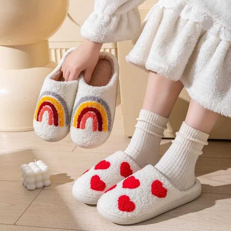Cotton Slippers Womens Indoor Rainbow Plush Warm Slippers Floral Letter Heart Design Slides Ladies Fluffy Cozy Home Comfy Shoes S260305