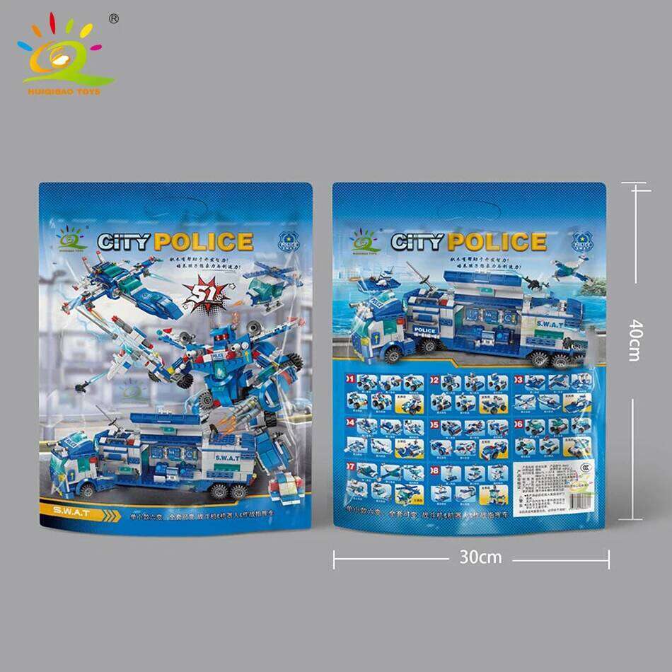 HUIQIBAO 700PCS 8in1 City Police Command Trucks Building Blocks Policeman Robot Car Helicopter Model Bricks Toys for Children Z260306