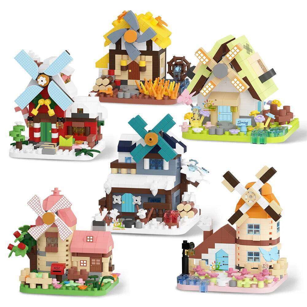 HUIQIBAO Cute MOC Windmill House model Micro Building Block Street View Model Mini Brick Toy for Children Desk Home Decoration Z260306