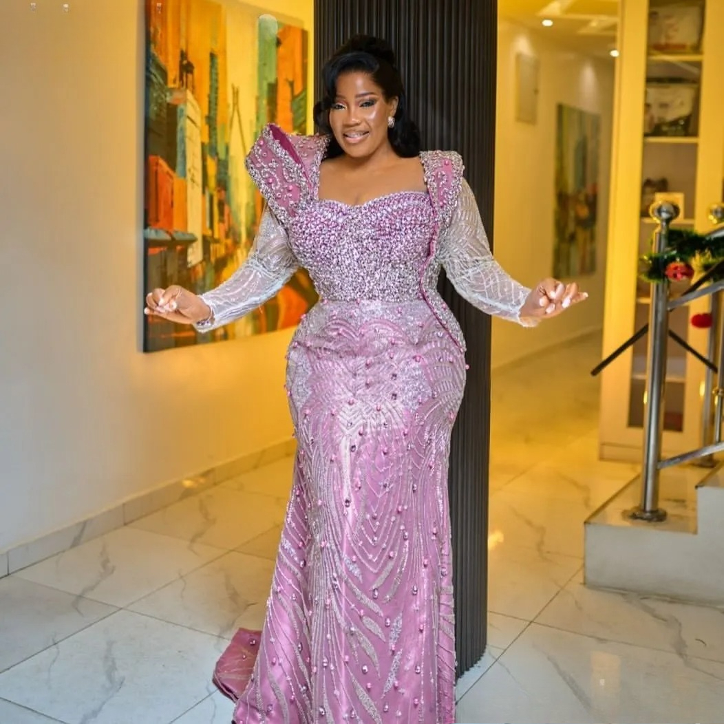 Aso Ebi Pink Dress 2026 Mermaid Prom Pearls Crystals Full Sleeves Evening For Black Women Birthday Party Formal Receiption Gowns Dresses ZJ072