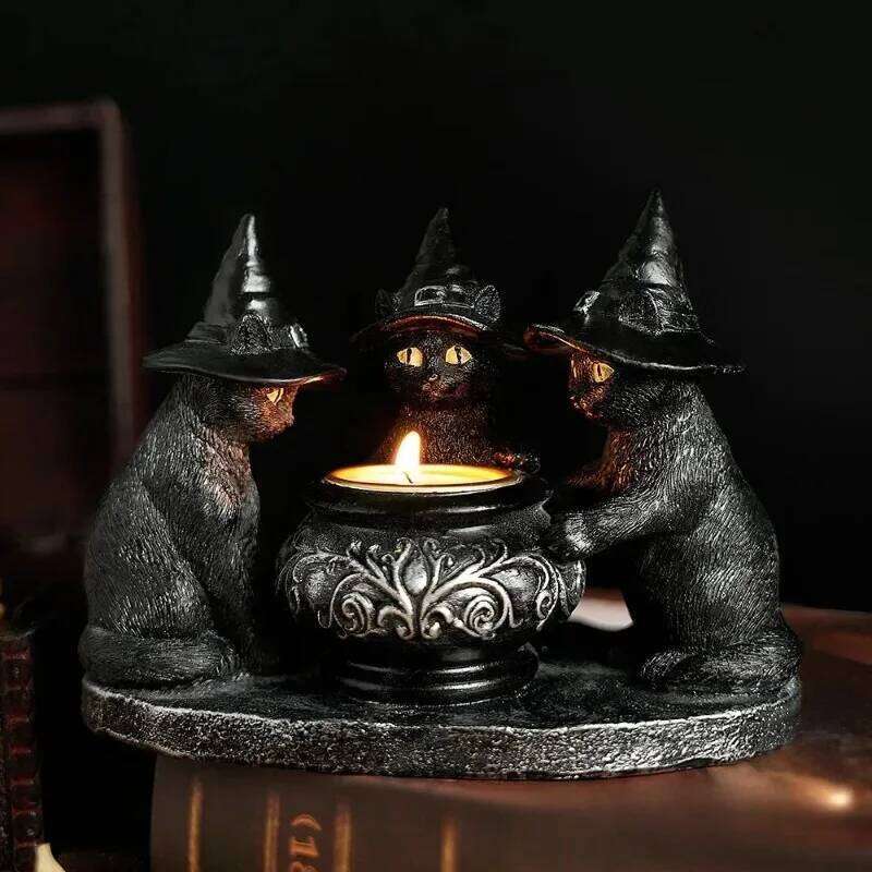 Halloween Decoration Figurines Familiar Cauldron Tea Light Black Witches Cats Candlestick Holder Home Bar Table Ornaments XJ260305