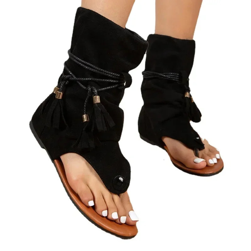 Women Summer Boots Open Toe Flat Tassel Sandals Roman Sandal Elegant Shoes Plus Size 35-43 Sandalias Mujer 260305
