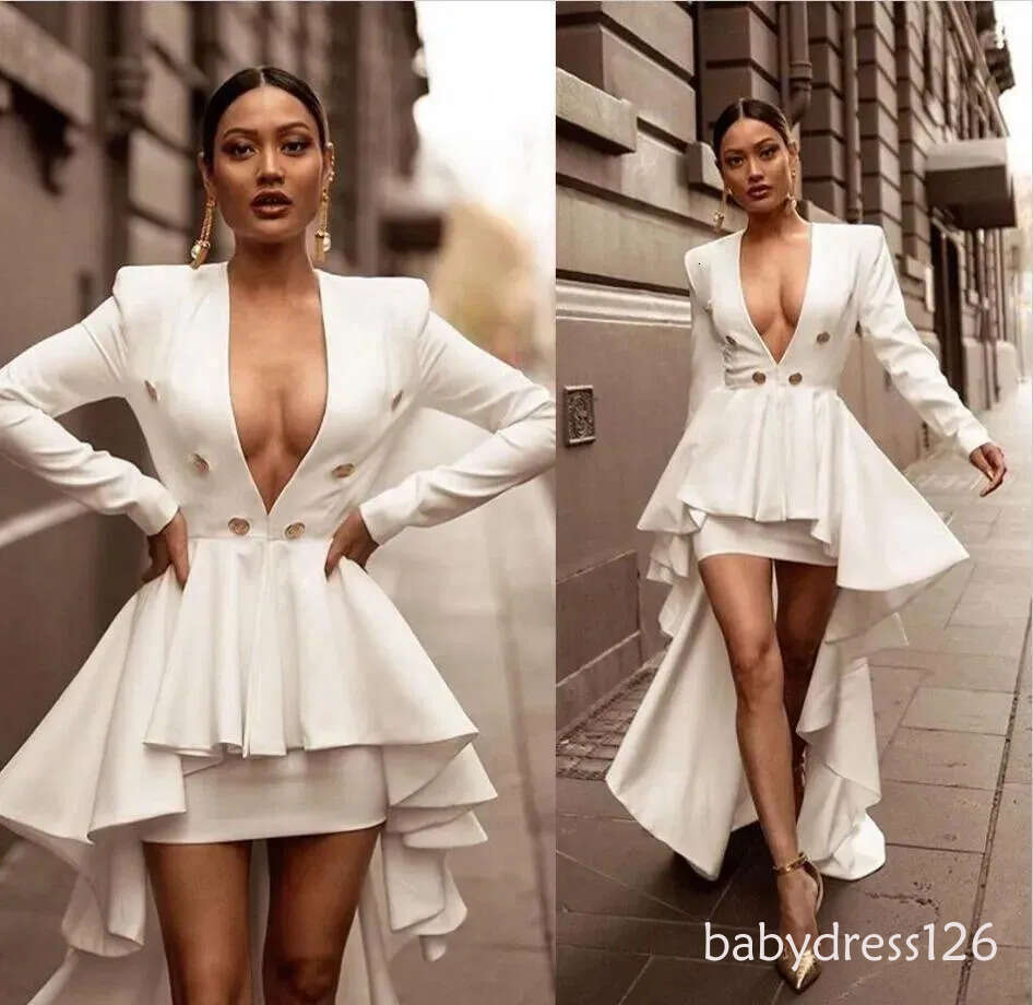 beach hi lo dresses deep v neck long sleeve satin bridal gowns plus size vestido de noiva wedding dress