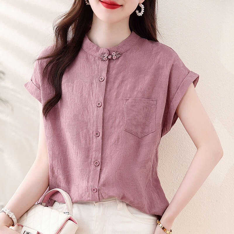 Women Solid Color Summer Chinese Style Retro Pure Cotton Short Sleeve Blouses Fashion Stand Collar Pocket Single-breasted Shirts New Chinese Style top