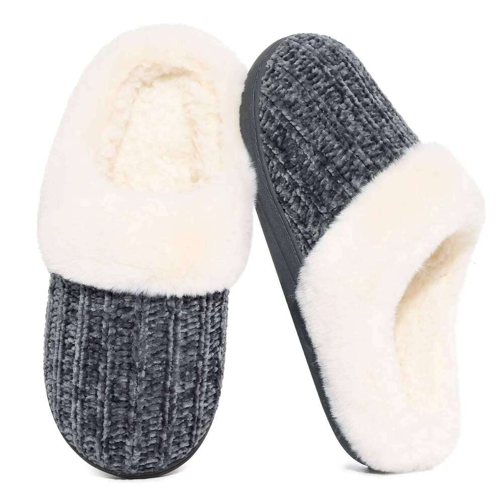 Litfun Winter Furry Slip On Wool-Like Lined Cozy Home Slides Memory Foam Chenille Warm Outdoor Women's Slippers