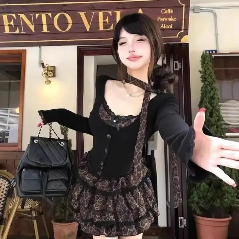 Y2k Sexy Retro Punk Set Women Suit Scarf Long Sleeve Top High Waist Slimming Cake Skirts Two-piece Set 260304