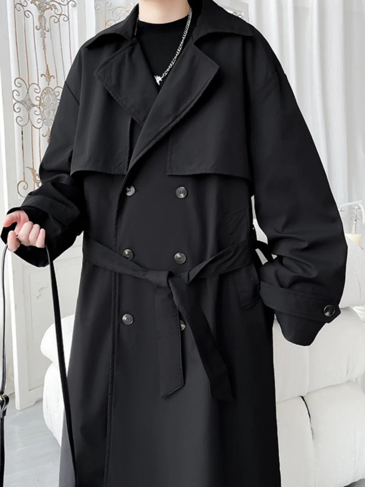 Mens Trench Coat Slim fit Double Breasted Belted Windbreaker Lapel Long Jacket Casual Windproof Overcoat Men M5XL 260302