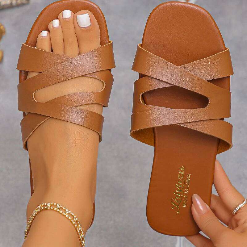 2025 Summer New Cross Lace Design Soft Bottom Anti slip Wear resistant Flat Shoes Fashion Sandals