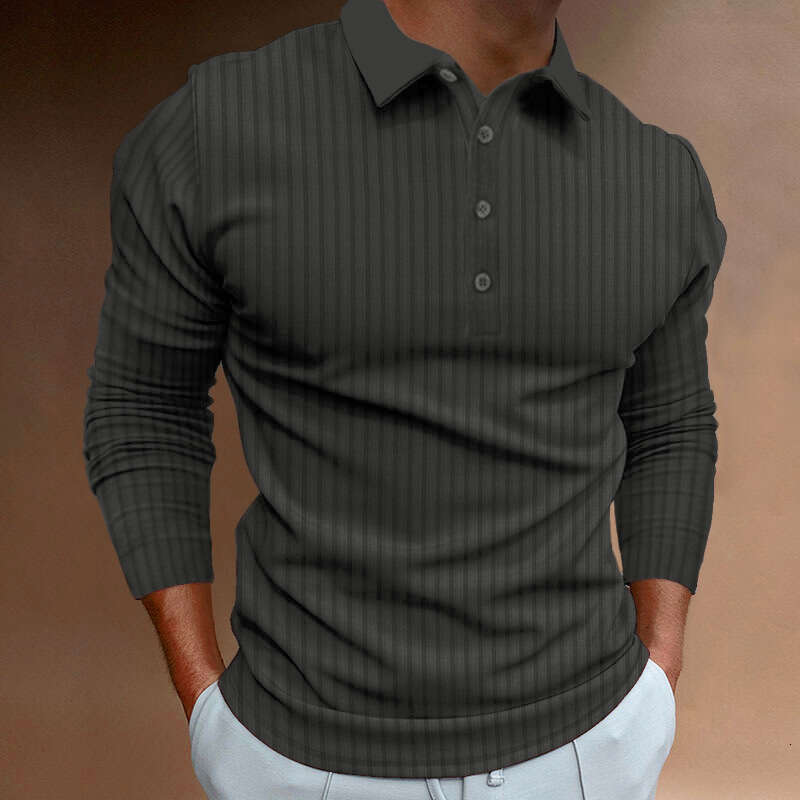 European and American Cross-Border Trade Men's Summer Sports Fitness Casual Turn-Down Collar Stretch Vertical Stripe Long Sleeve Polo Shirt for M