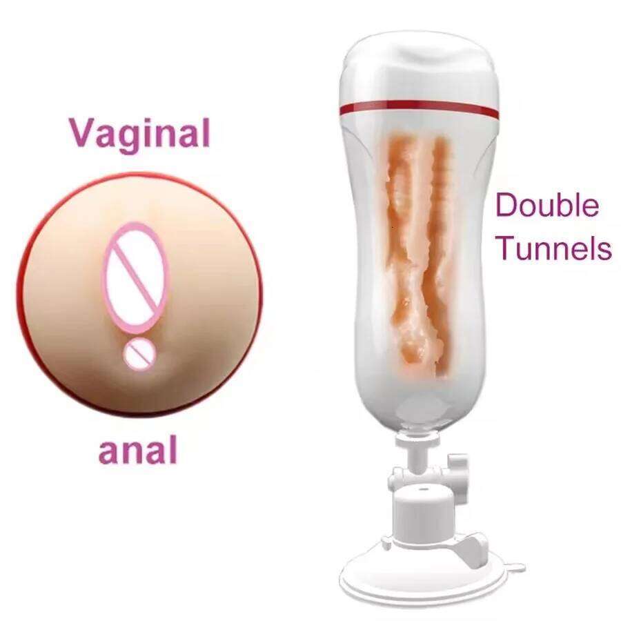 Dual Channel Anal Masturbation Cup Realistic Vagina Pussy Penis Pump Vibrator Male Mastrubator Blowjob Erotic Sex Toys W260305