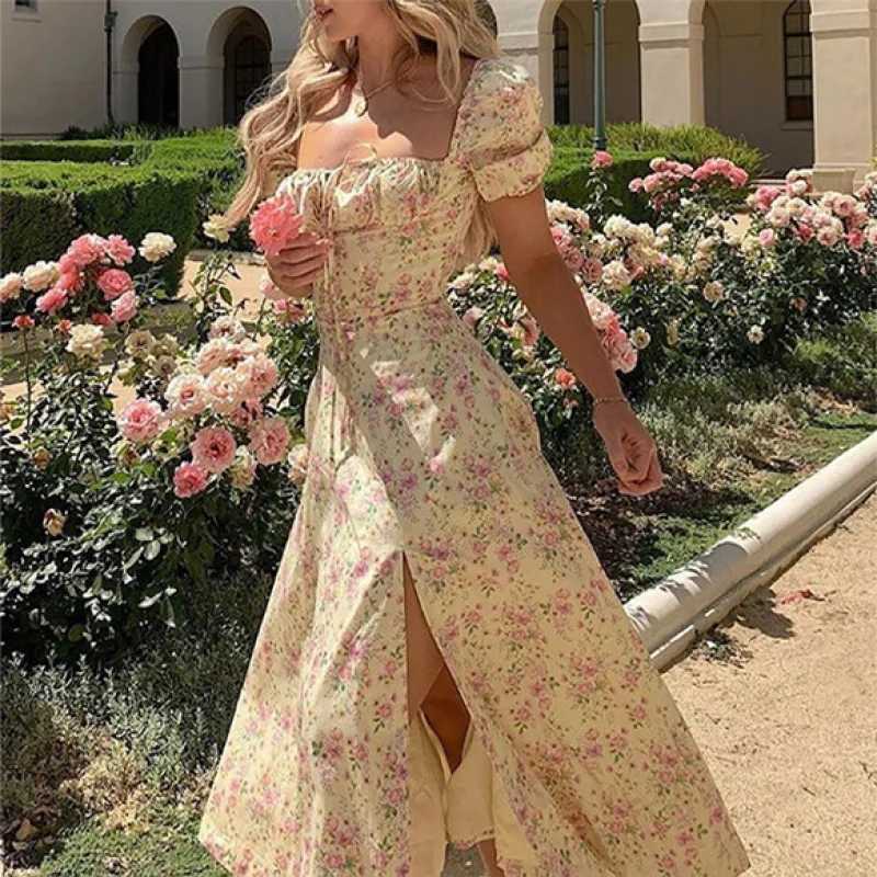2026 Spring Womens Floral Dress French Retro Backless Slim Halter Square Neck Split Long Dress Fashionable Party Cocktail Dress X260306