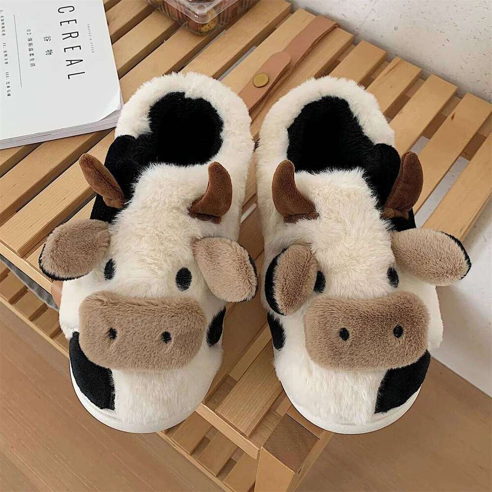 Litfun Plush Milk Cow Women Winter Home Cute Furry Anti-slip Fluffy Bedroom Slides Fur Cartoon Slippers