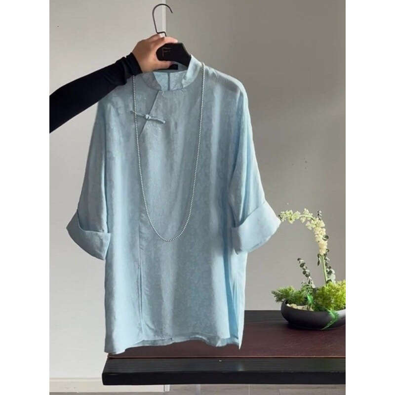 2026 New Chinese Satin Jacquard Women's Shirt Retro Tang style Stand up Collar Loose Shirt Loose Commuter Top
