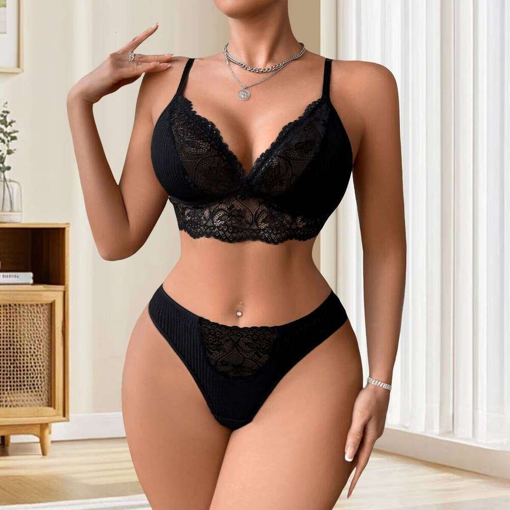 2pcs/Set Women's Underwear Set Lace Ribbed Panty Sets Breathable Floral Sexy Lingerie Outfit Wire-Free Padless Bras