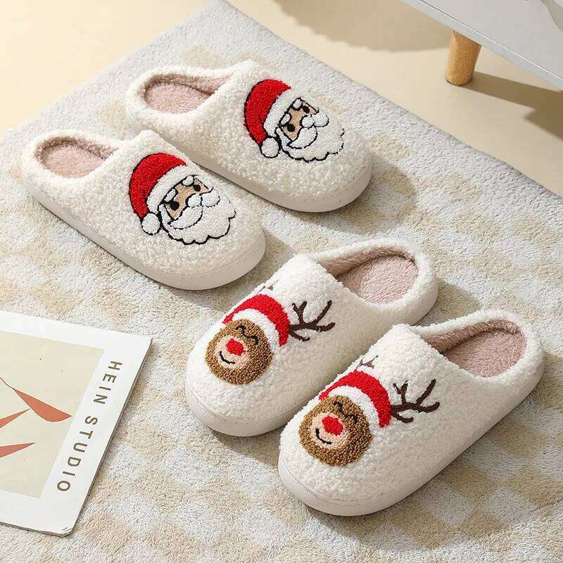 Litfun Christmas Women Cute Winter Fluffy Slippers Couple House Cotton Men Bedroom Soft Sole Flat Shoes for Gift