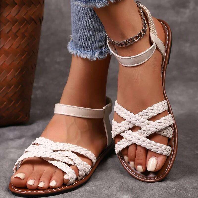2025 Summer Women's New Fashionable and Comfortable Flat Shoes with Elastic Band Design Anti slip Simple Sandals