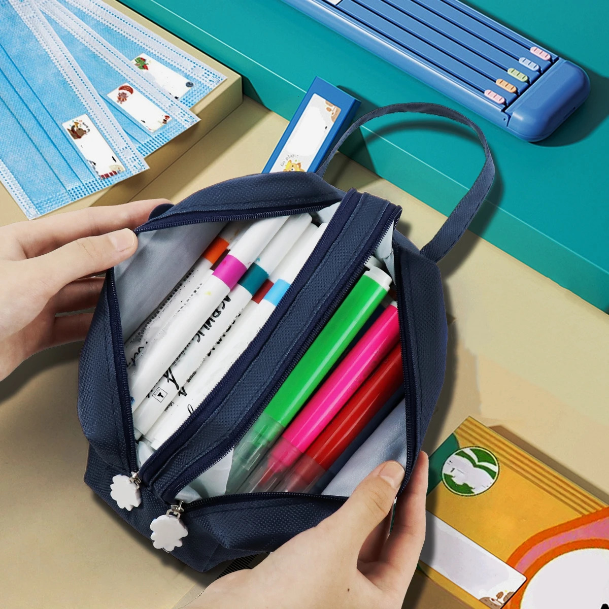 Space astronaut portable pencil case cute cartoon kids stationery bag large capacity storage bag school studen canvas pencil bag 260304