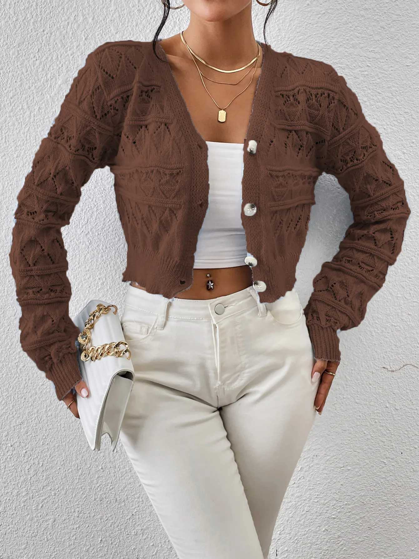 2026 New Autumn Women V-neck Knitwears Long Sleeve Knitted Sweaters Hollow Out Embroidery Single Breasted Short Cardigans Tops M260306