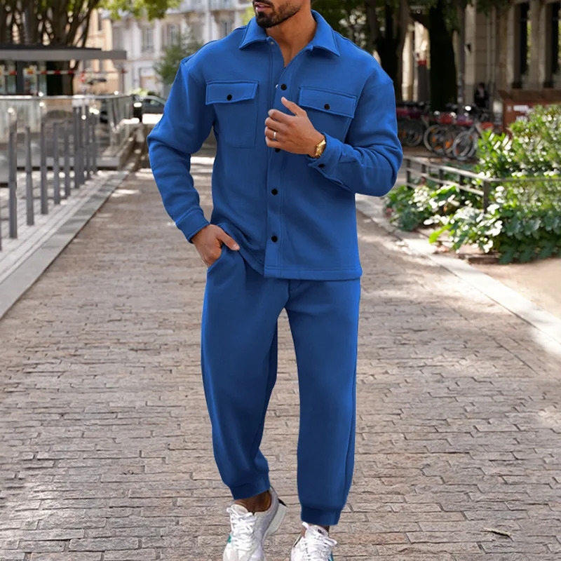 Autumn Winter Fashion Suede Fabric 2-Piece Set Solid Color Slim Fit Long-Sleeve Jacket Cuffed Pants Casual Outfit Mens Sets 260227