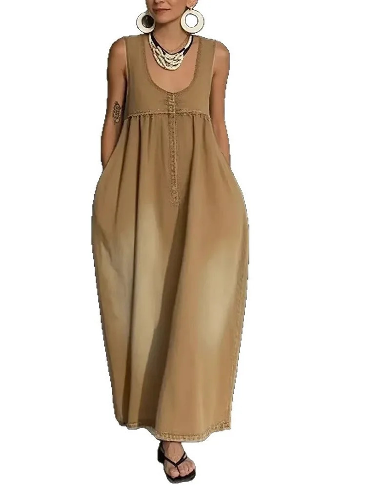 Large Size Retro Denim Casual Dress Fashionable Solid Color Sleeveless Loose Vest Summer Daily Womens Clothing 260305