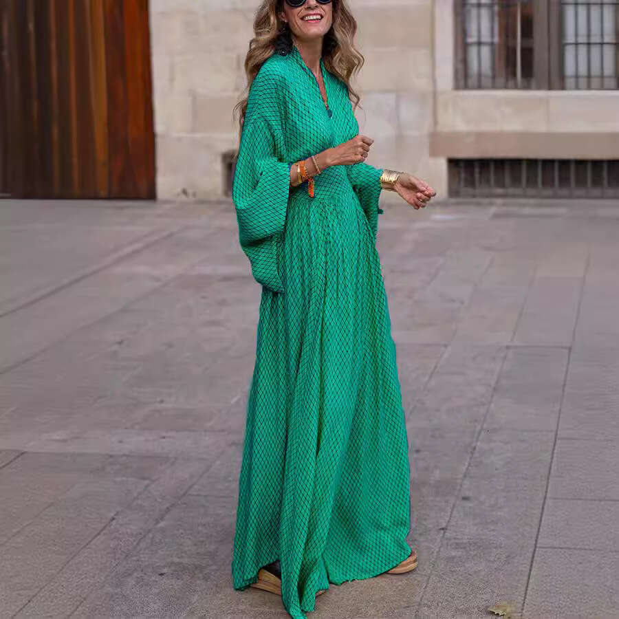 2026 European and American Autumn Style Long Sleeve Loose V-Neck Waist-Cinching Flared Dress for Women