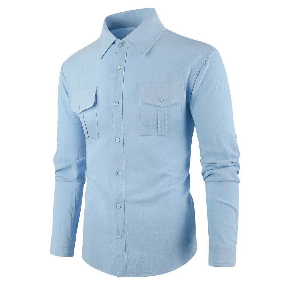 Mens Cargo Shirts Cotton Linen Solid Color Single Breasted Breathable Long Sleeve Shirt Male Casual Button Up M260305