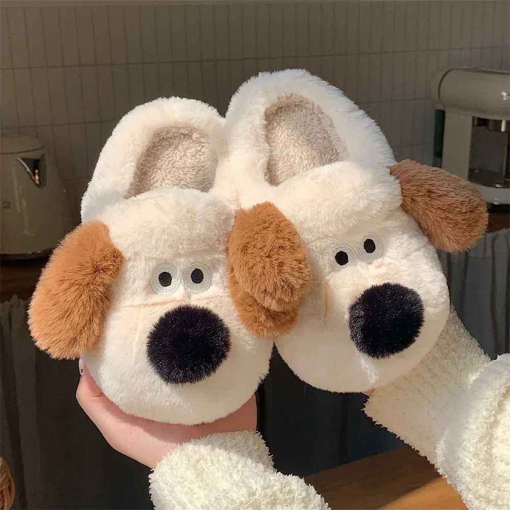 Women Home Soft Sole Cotton Slippers Cartoon Cute Dog Fluffy Slippers Female Winter Slides Ladies Plush Indoor Flats Flip Flops S260305