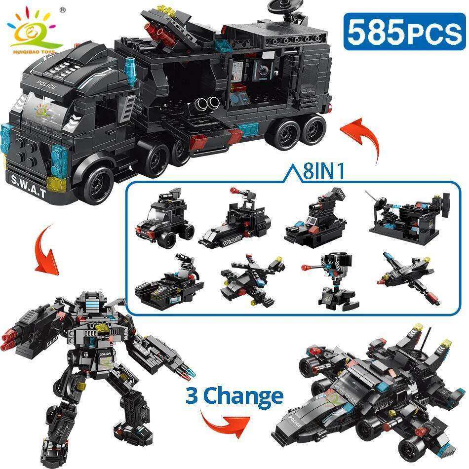 HUIQIBAO SWAT Police Truck Model Building Blocks City Helicopter Vehicle Car Figures Bricks Educational Toy For Children GIFT Z260306