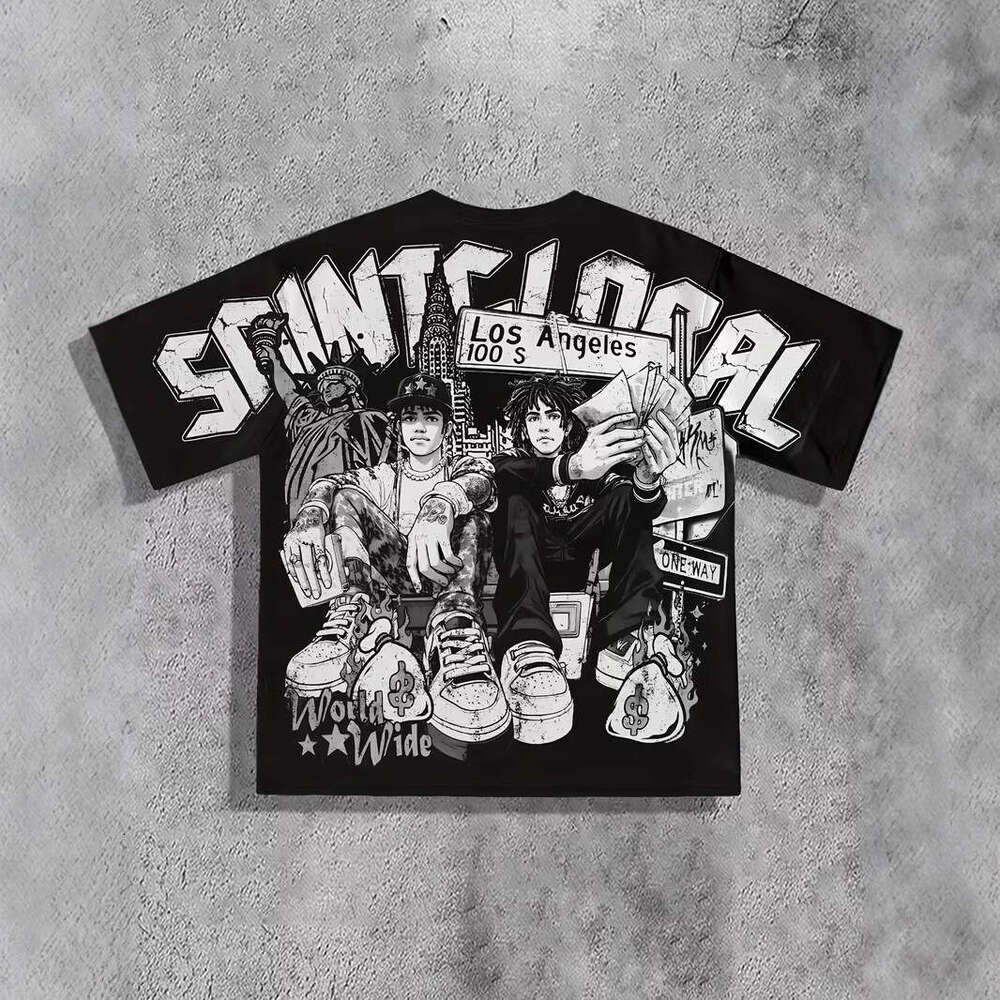 Cross-Border Temu Hot Sale Men's Summer Black Street Style Urban Art Loose Breathable Printed T-Shirt