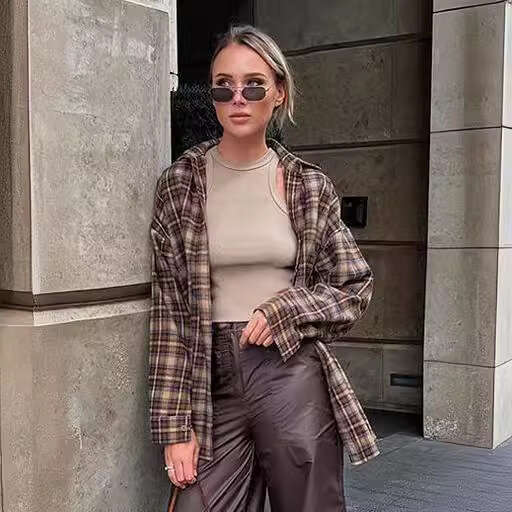European-style cross-border spring vintage for women, long design, stylish base layer, loose fit plaid shirt