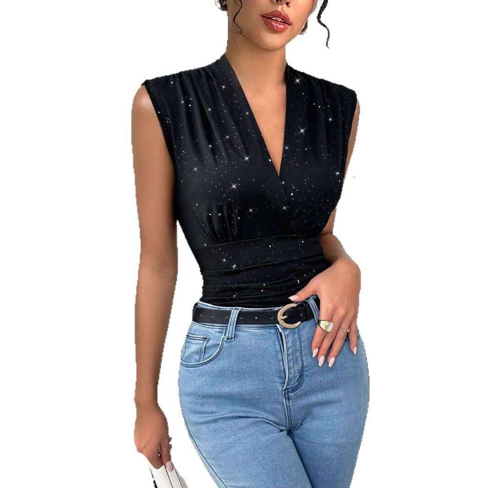 European and American cross-border independent website 2026 summer new women's V-neck sleeveless top with shiny sequin decoration