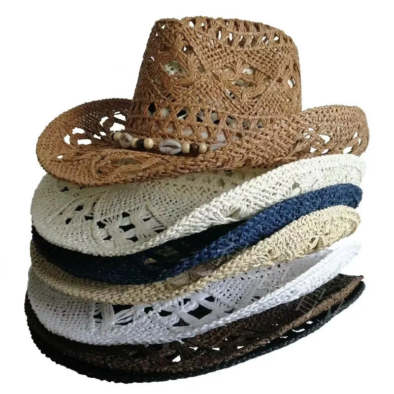 Summer Bohemian Shell Straw Hat Beach Women Men Cowboy Hats Wooden Beads Hollow Out Western Wide Brim Sun Hat Holiday Cap 260228