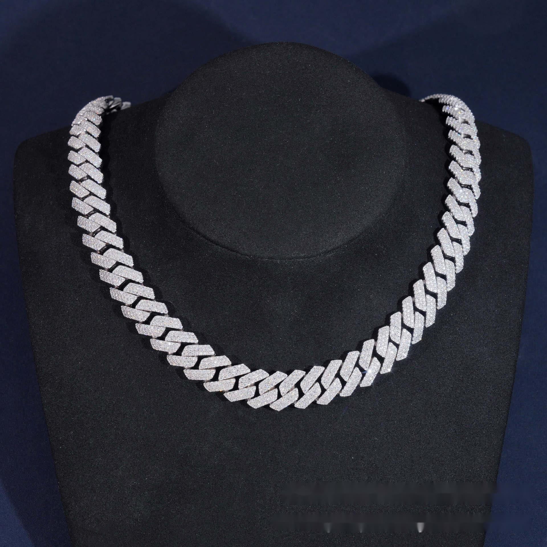 Best-selling hip-hop 14mm full diamond three-row 925 silver inlaid moissanite diamond-shaped personalized Cuban chain accessory GRA