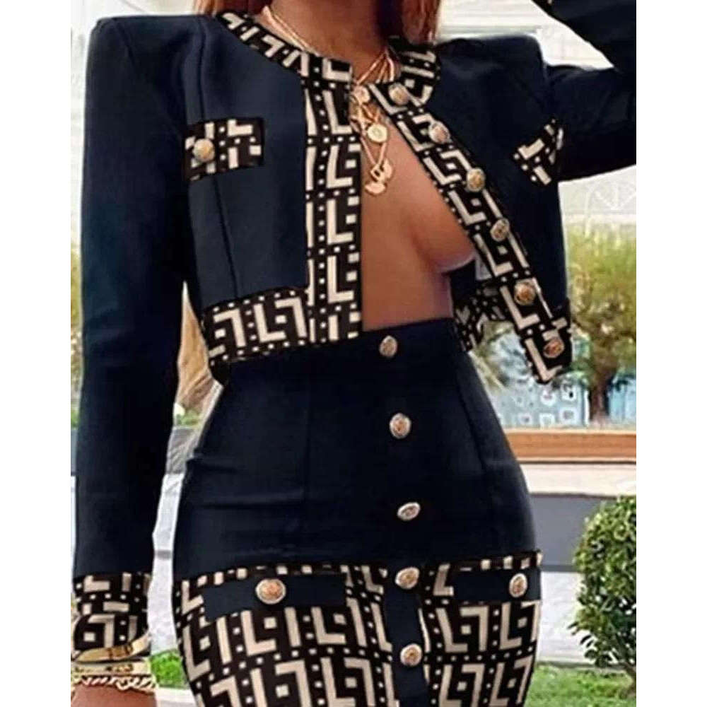 Women's Mini Skirt Set Spring Long Sleeve Button Tight Dress with Coat High Street Style