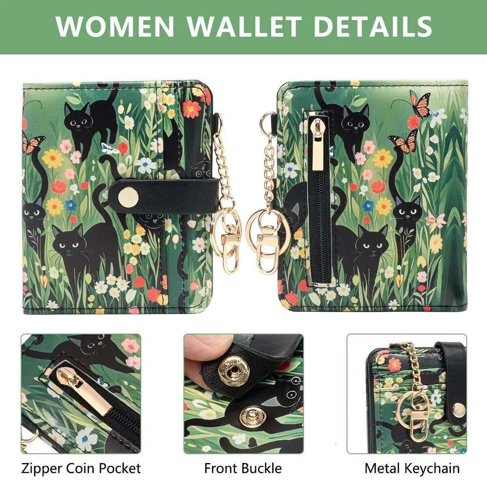 Black Cat Flower Pattern Rfid Women's Wallet, Ultra-Thin Compact Credit Wallet with Key Chain, Pu Leather Folded Zipper Coin Bag Id Card Transpar