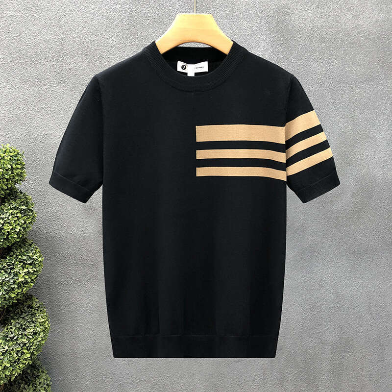 Summer New Short Sleeve Knitted Shirt for Men, Striped Simple Business Style, Slim Fit Ice Silk T-Shirt, Export Cross-Border Wholesale