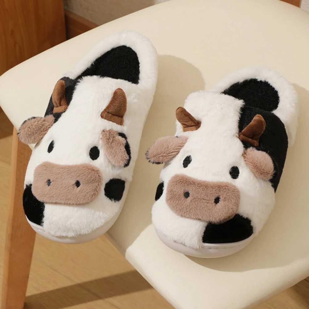 New winter neutral cartoon cow warm plush slippers for couples indoor anti slip home slippers for men and women home cotton sh S260305POEQ