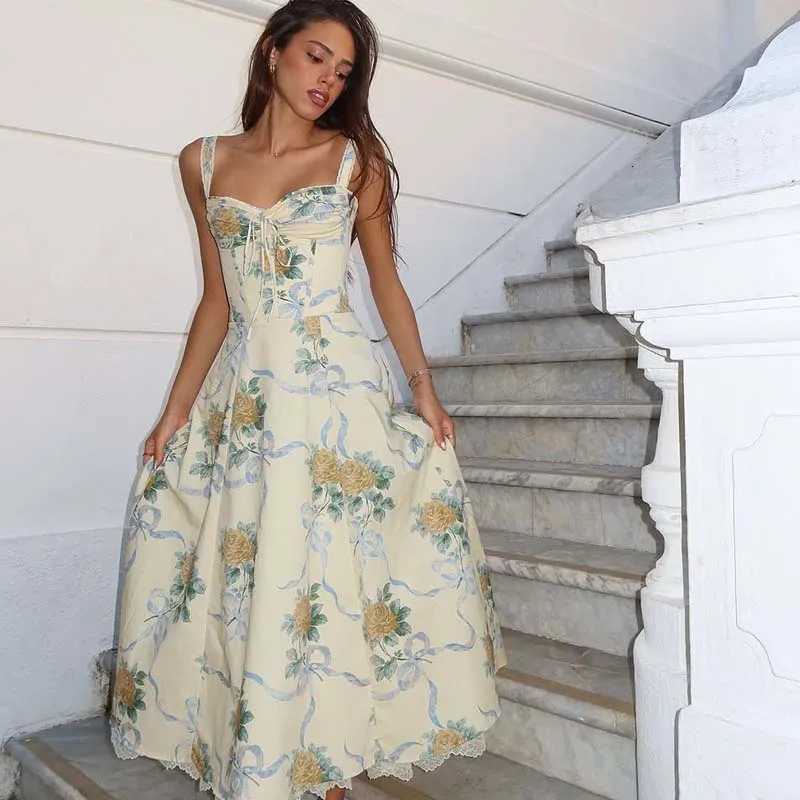 YENKYE 2025 Women Floral Print Fishbone Waist Spaghetti Straps Dress Summer Female Elegant Midi Long Party Dresses Holiday Robe X260306