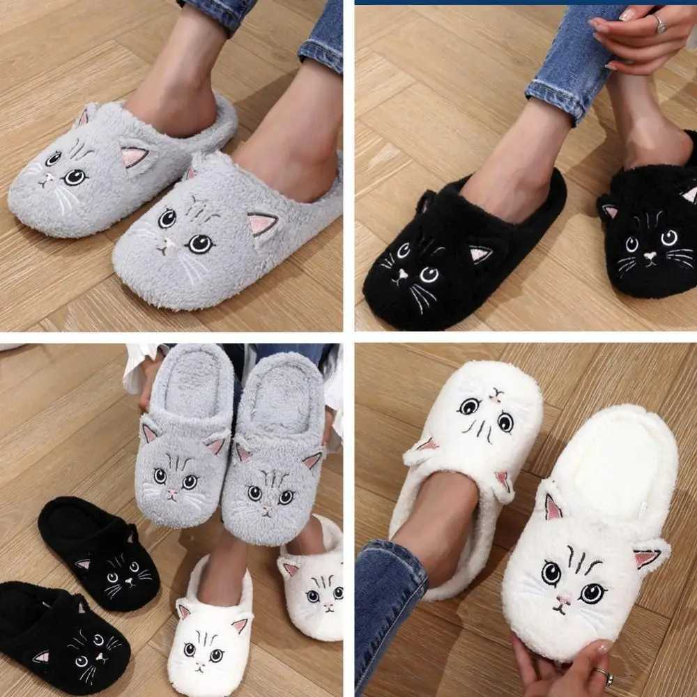 Cat Pattern Print Womens Cotton Slippers Winter Warm Soft Fabric Couple Slippers Comfortable Fluffy Texture Home Slippers S260305