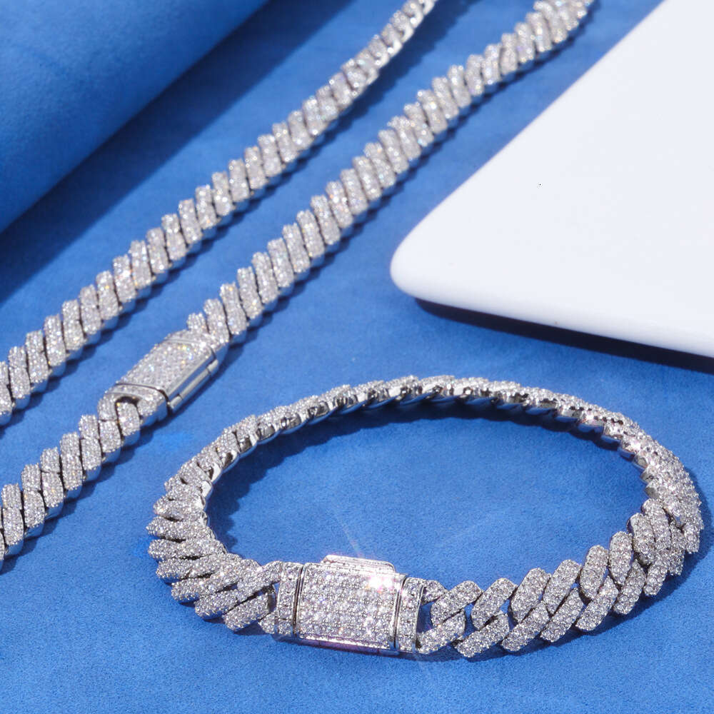 European and American Hip-Hop Cross-Border 8mm 925 Silver Double Row Moissanite Diamond Cuban Chain Men's Bracelet High-Quality Jewelry