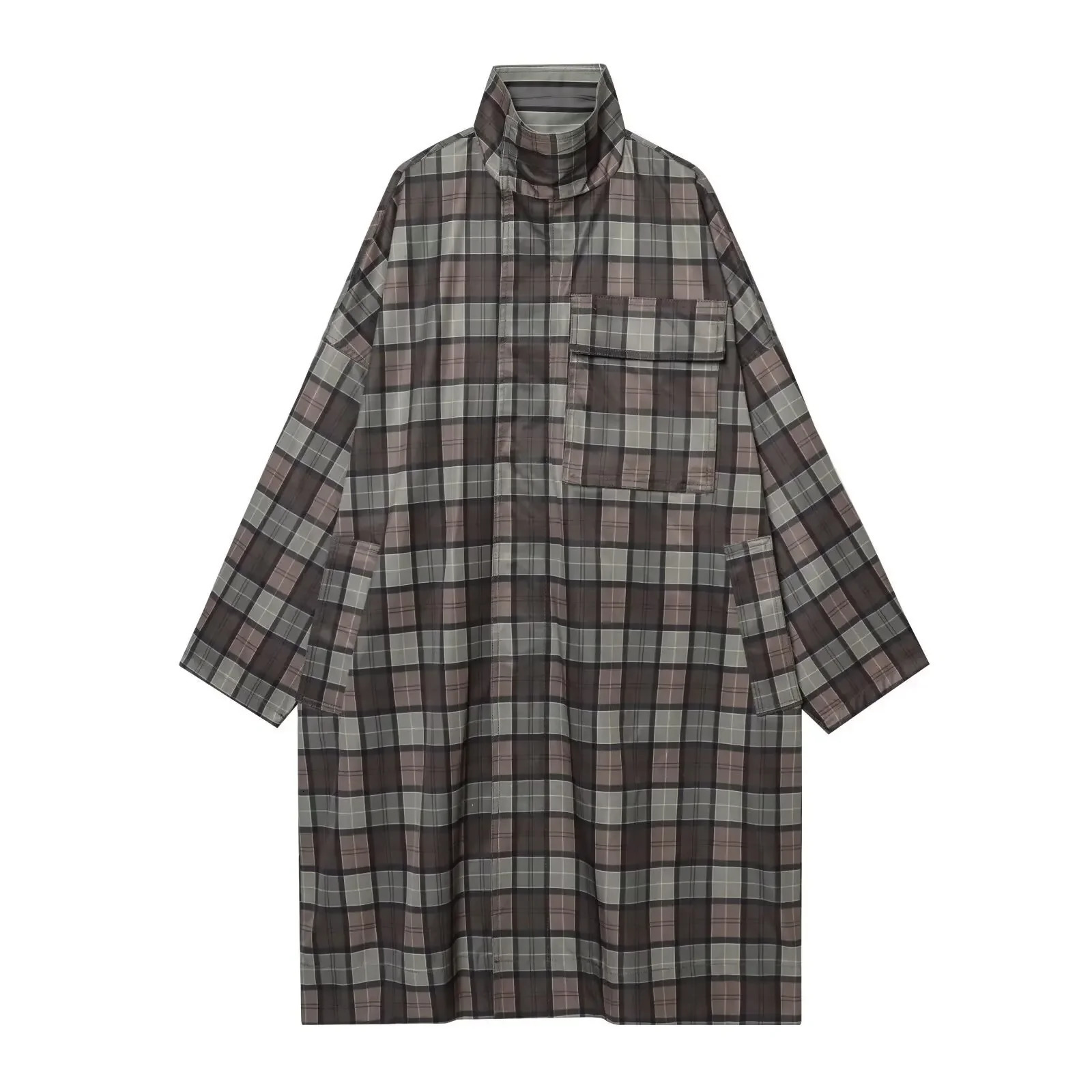 Plaid Long Trench Coat Women Casual Longsleeved Stand Collar Multipocket Windbreaker 2026 Spring Lady Daily Coats 260228