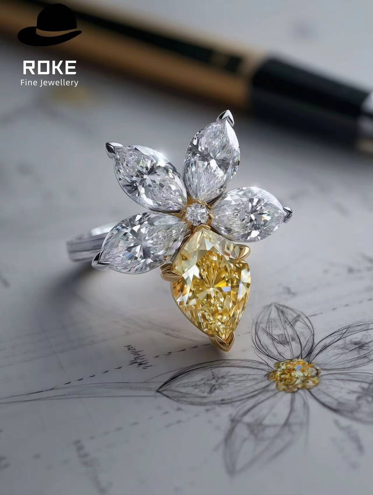 15ct Pear Yellow Lab Diamond Ring 9K/14K Gold - IGI/GIA Certified Cluster Engagement Ring
