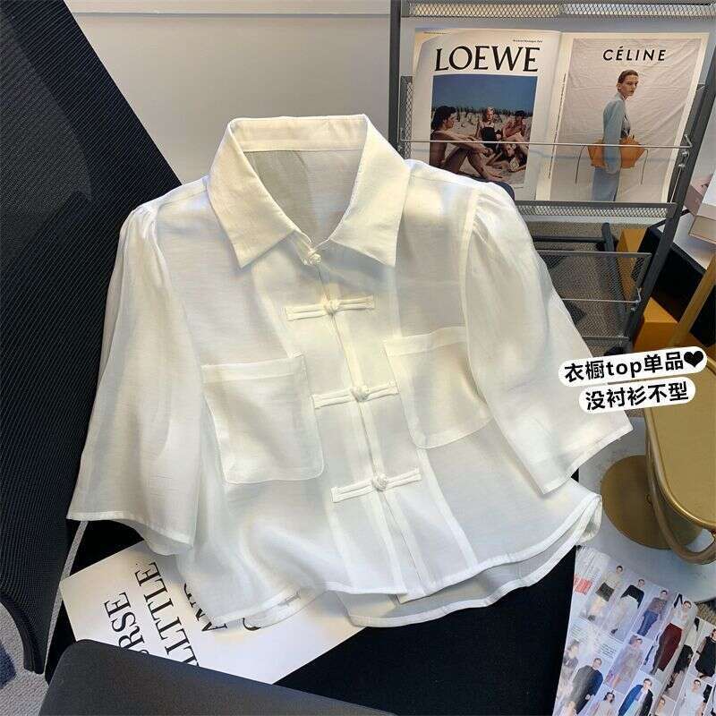 Summer Loose Pure Color Women's irt f Sve Button up Ne Design Casual Versatile Top for Office And Commute New Chinese Style frog button