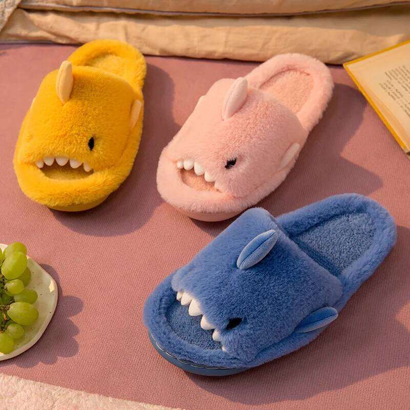 Litfun Plush Shark For Women Men Soft Furry Slippers Winter Indoor Cotton Shoes Open-Toe Non-slip Home Flip Flop