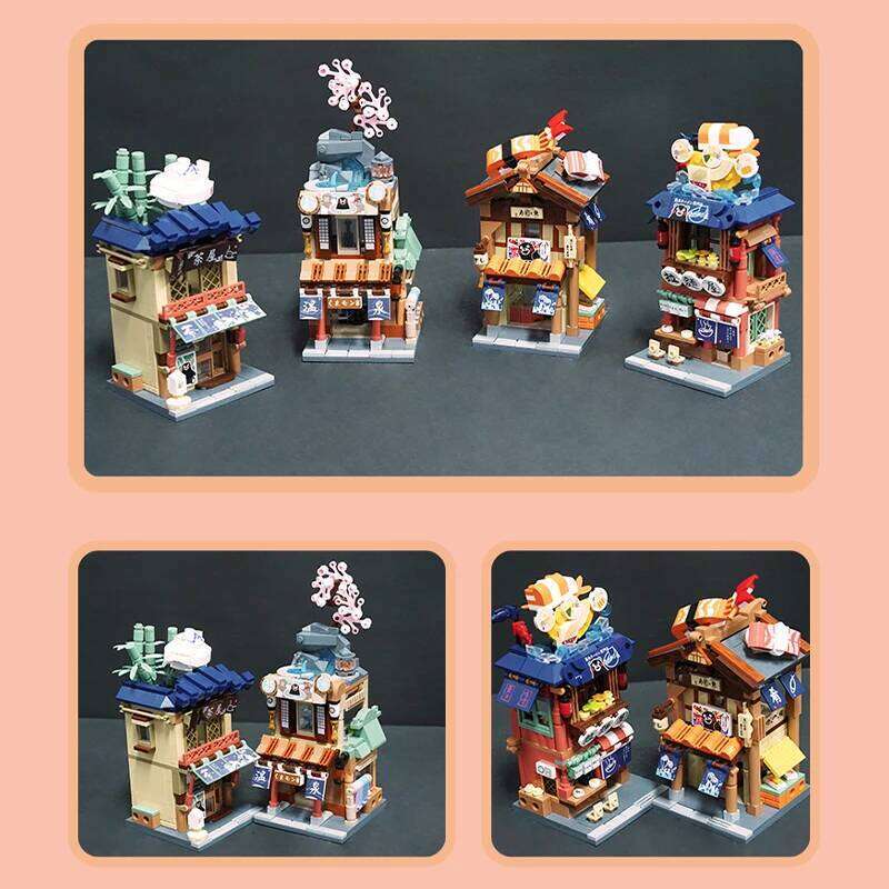 Mini City Street View Noodle Shop Building Blocks 4 in 1 Japanese Architecture Hot Spring House Toy Bricks Friends Children Gift Z260305