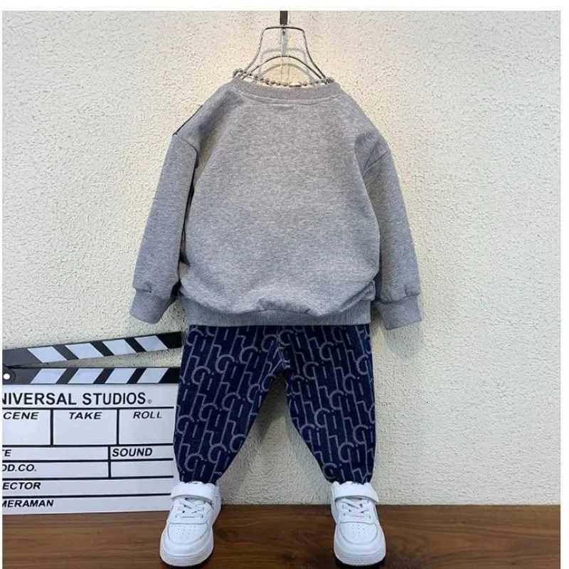 Kids Tracksuits 2Pcs, Boys Denim Patchwork Note Pocket Sweater & Pants Set, Spring Autumn Casual OutfitsT260306