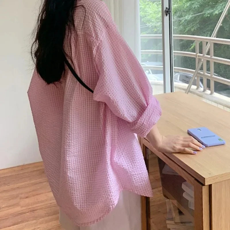 Korean Womens Shirt Sunscreen Long Sleeves Shirt Summer Womens Loose Casual Single Breasted Turndown Collar Plaid 260306