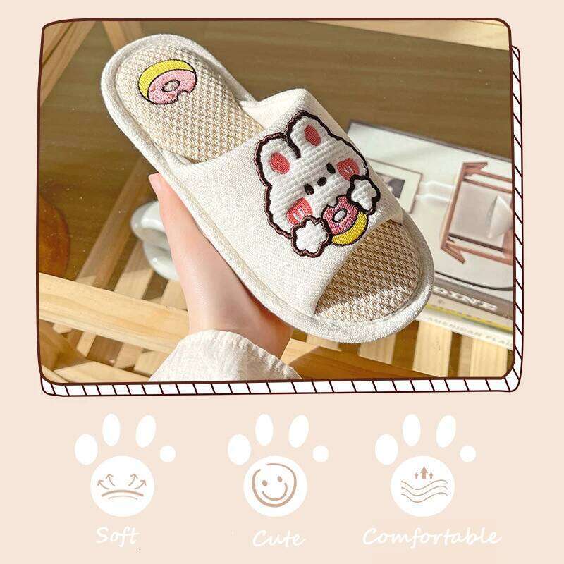 Litfun Women's Summer Cute Cartoon Slippers Indoor Soft Comfort House Shoes New Open Toe Linen Cotton Slipper Casual Flat Slides
