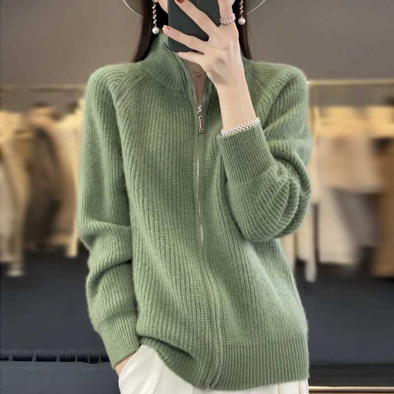 100 Pure Wool Zipper Cardigan Padded Shoulder Stand Collar Womens Cashmere Knitted Coat New Lapel Sweater M260306