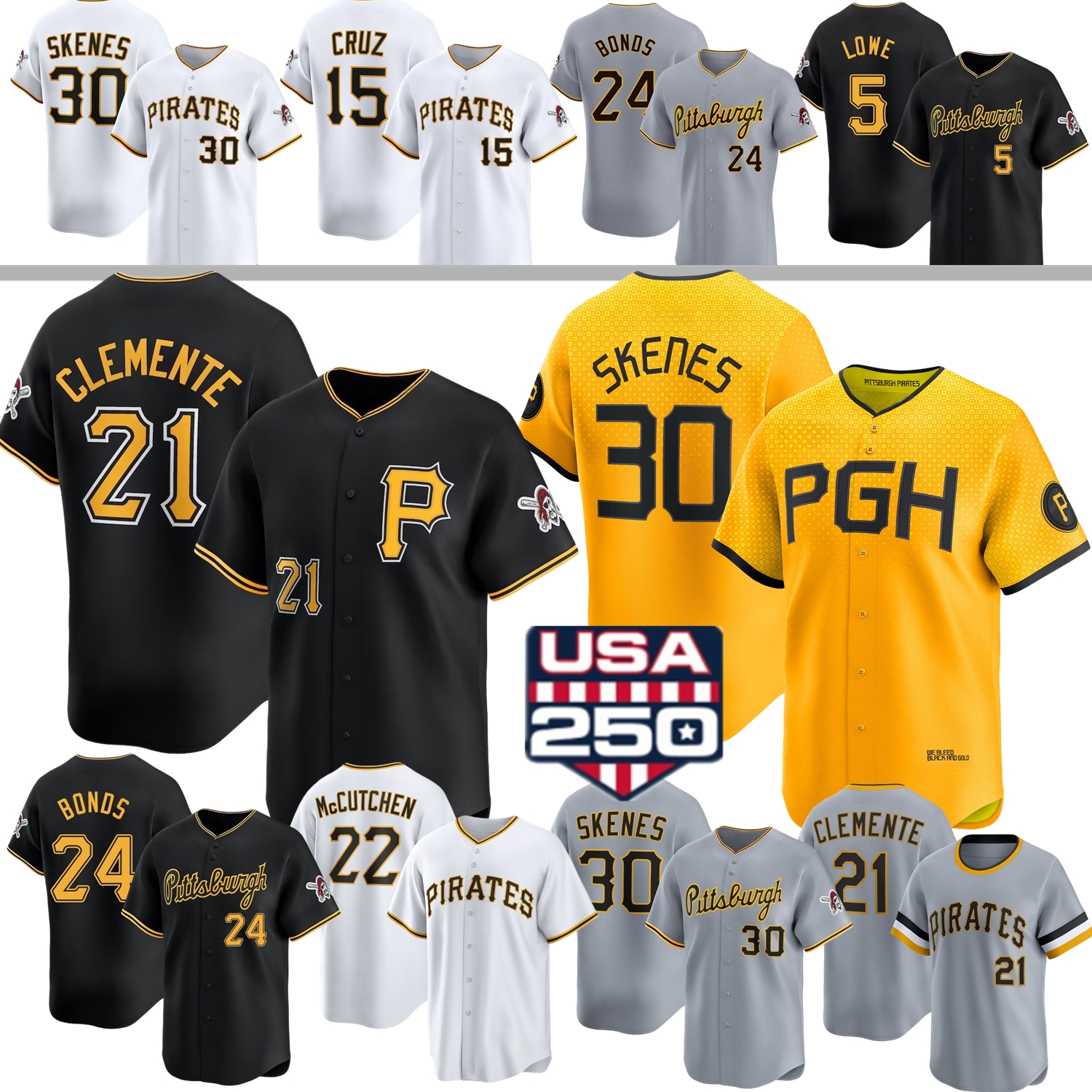 Pittsburghs Pirates Baseball Jersey Paul Skenes Roberto Clemente Konnor Griffin Bubba Chandler Termarr Johnson Oneil Cruz Barry Bonds Reynolds Ozuna Rodriguez